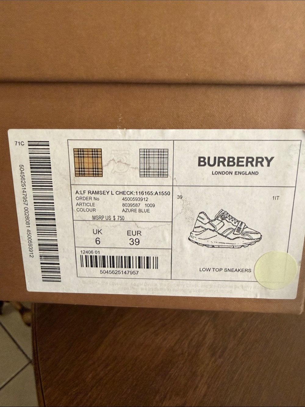 Burberry Azure Blue Low Top Sneakers - Picture 1 of 5